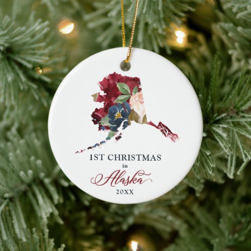 Watercolor Floral Personalized Christmas in Alaska Ceramic Ornament