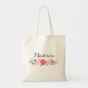 Watercolor Floral Personalized Girls Canvas Tote