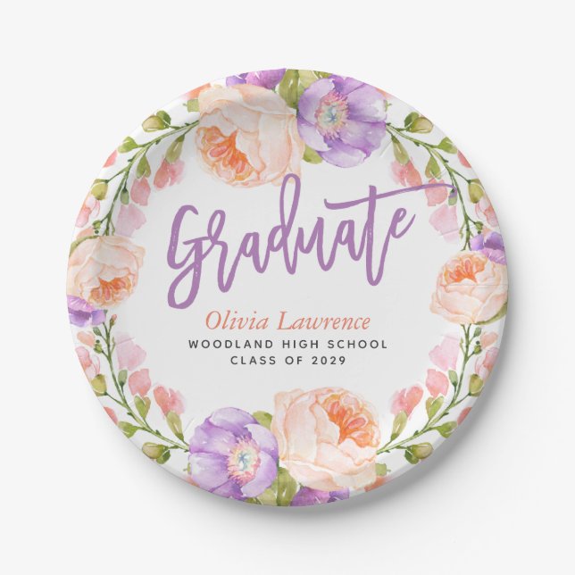 Watercolor Floral Personalized Graduation Party Paper Plates (Front)