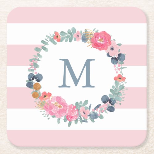 Watercolor Floral Personalized Monogram Name Square Paper Coaster