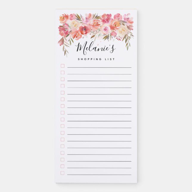 Watercolor Floral Personalized Name Lined List Magnetic Notepad (Front)