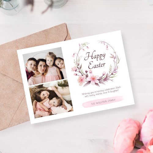 Watercolor Floral Personalized Photo Pink Easter Holiday Card