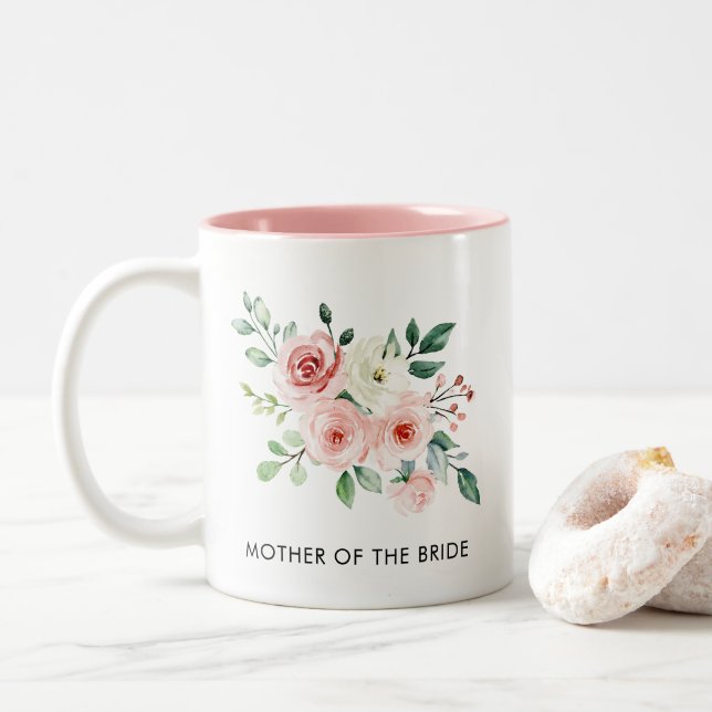 Watercolor Floral Personalized Pink Two-Tone Coffee Mug (With Donut)