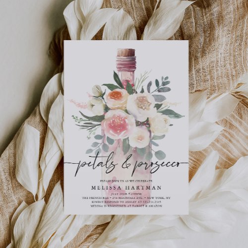 Watercolor Floral Petals  Prosecco Bridal Shower Invitation