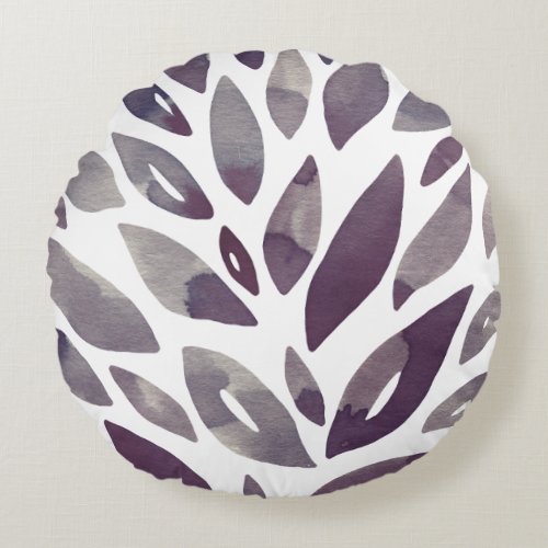 Watercolor floral petals _ purple and grey round pillow
