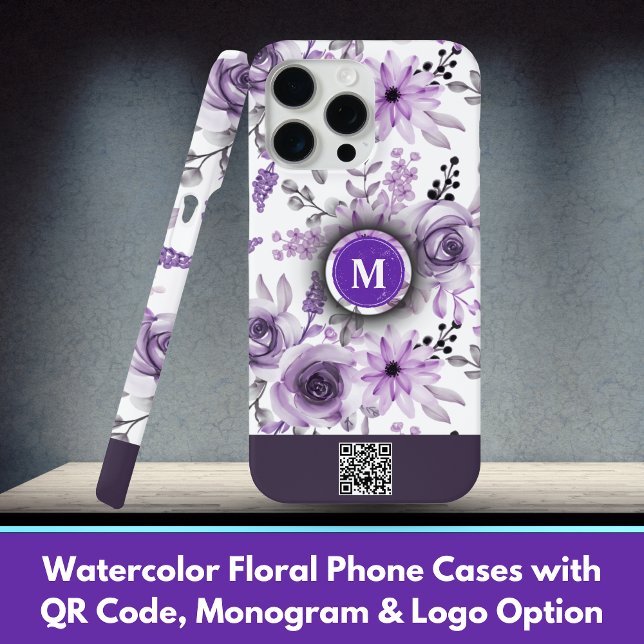 Watercolor Floral Phone Cases with QR Code, Monogr (Watercolor Floral Phone Cases with QR Code, Monogram & Logo Option)