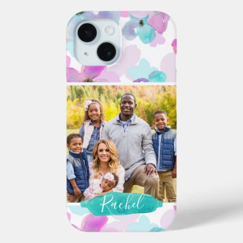 Watercolor Floral Photo and Monogram iPhone 15 Case