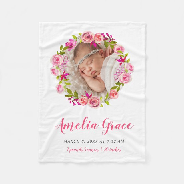 Watercolor Floral Photo Baby Birth Stats Fleece Blanket (Front)