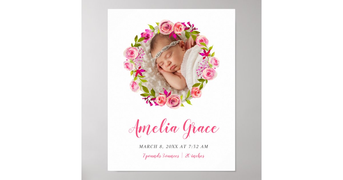 Watercolor Floral Photo Baby Birth Stats Poster | Zazzle