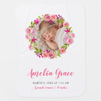 Watercolor Floral Photo Baby Birth Stats Receiving Blanket