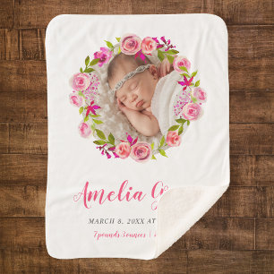 Watercolor Floral Photo Baby Birth Stats Sherpa Blanket