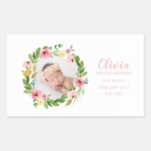 Watercolor floral photo birth announcement rectangular sticker