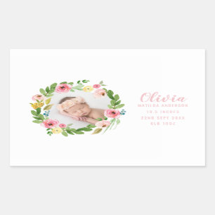 Watercolor floral photo birth announcement rectangular sticker
