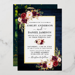 Watercolor Floral Photo Blue Wood Gold Foil Invitation
