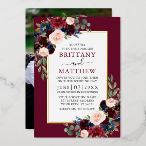 Watercolor Floral Photo Burgundy Wedding Gold Foil Invitation