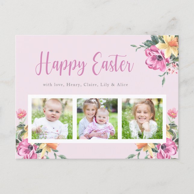 Watercolor Floral Photo Collage Happy Easter Postcard (Front)