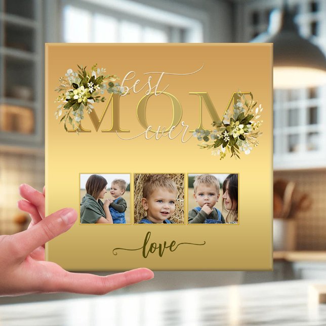 Watercolor Floral Photo Collage Mom Tile (Elegant Mom love photo template tile with watercolor flowers on gold - script - Mother's Day)