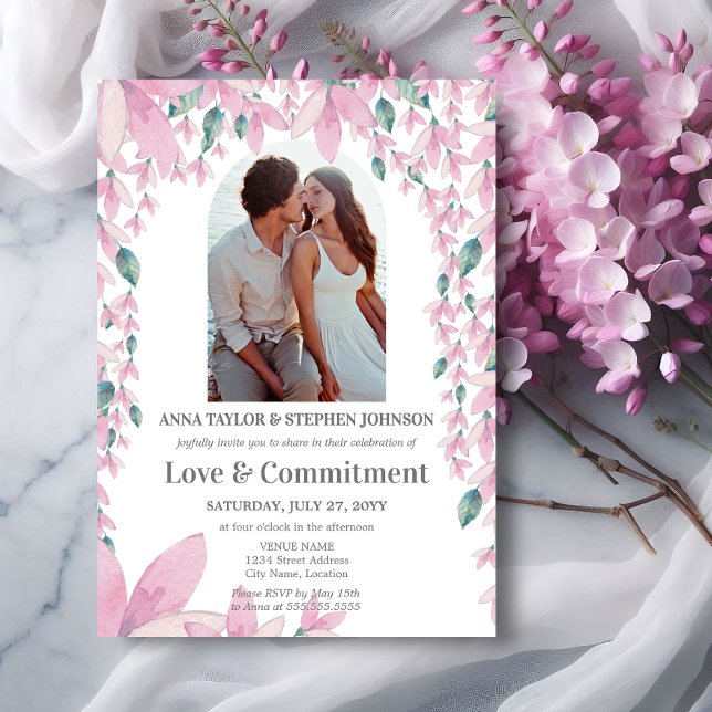 Watercolor Floral Photo Commitment Ceremony Invitation (Elegant watercolor floral and photo commitment ceremony invitation front view.)