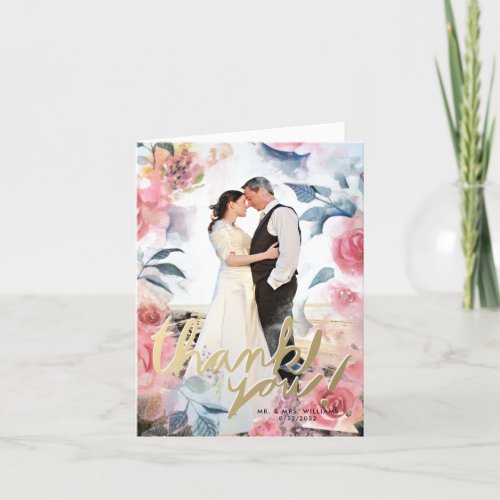 Watercolor Floral Photo Faux Gold Thank You Card