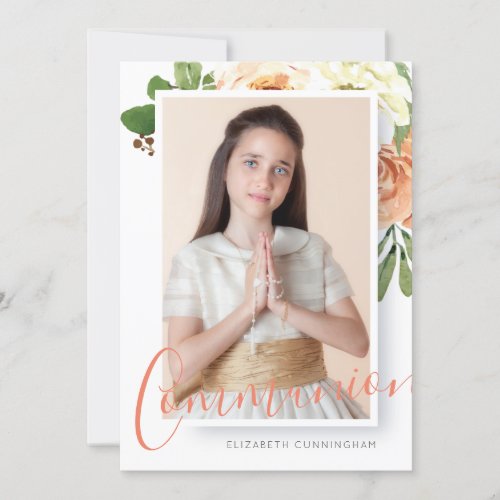 Watercolor Floral Photo First Communion Invitation