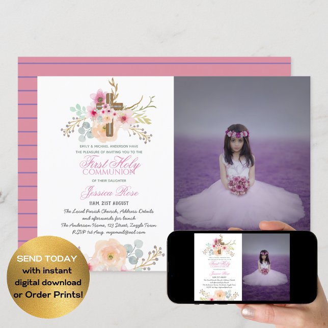 Watercolor Floral PHOTO First Communion Invitation (Creator Uploaded)
