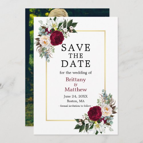 Watercolor Floral Photo Gold Burgundy Save The Date