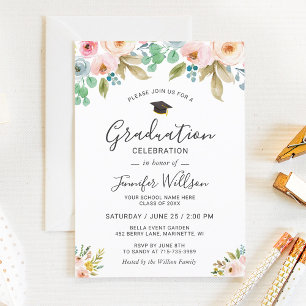 Watercolor Floral Photo Graduation Party Invitation
