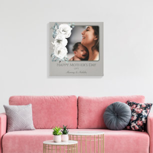 Watercolor Floral Photo Mother's Day   Gray Canvas Print