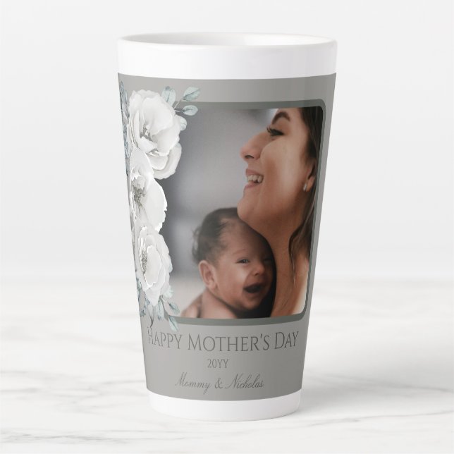 Watercolor Floral Photo Mother's Day | Gray Latte Mug (Front)