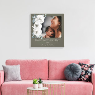 Watercolor Floral Photo Mother's Day Olive Green Canvas Print