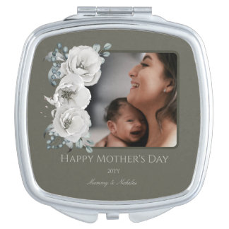 Watercolor Floral Photo Mother's Day | Olive Green Compact Mirror