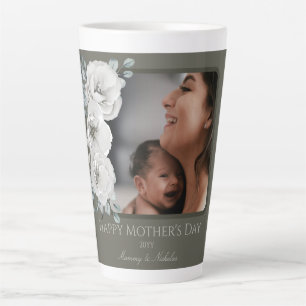 Watercolor Floral Photo Mother's Day Olive Green Latte Mug