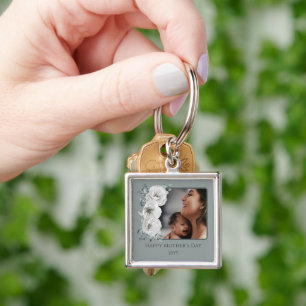 Watercolor Floral Photo Mother's Day Sage Green Keychain