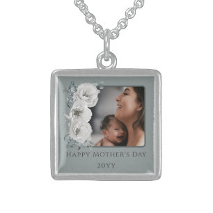Watercolor Floral Photo Mother's Day Sage Green Sterling Silver Necklace