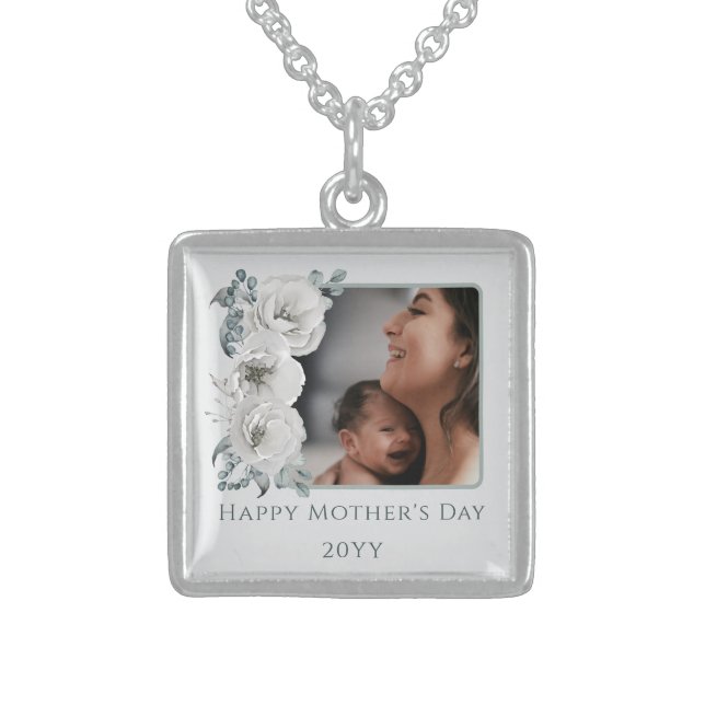 Watercolor Floral Photo Mother's Day Sterling Silver Necklace (Front)