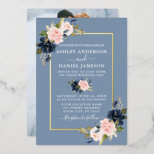 Watercolor Floral Photo Pink Dusty Blue Gold Foil Invitation