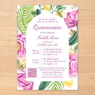 Watercolor Floral Photo QR Code Quinceañera Acrylic Invitations