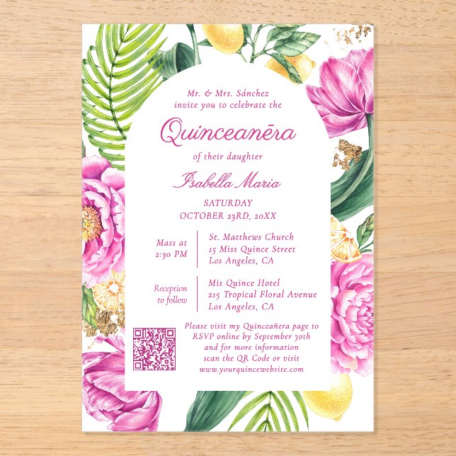 Watercolor Floral Photo QR Code Quinceañera Acrylic Invitations (Front)