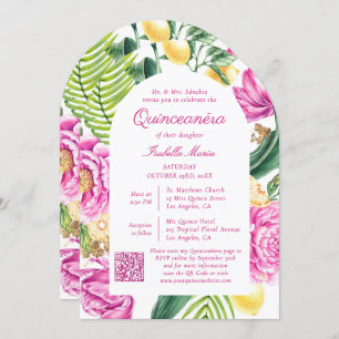 Watercolor Floral Photo QR Code Quinceañera Invitation