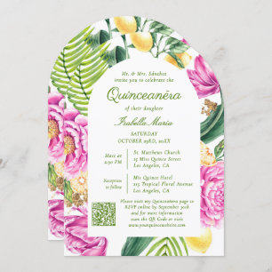Watercolor Floral Photo QR Code Quinceañera Invitation