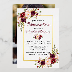Watercolor Floral Photo Quinceanera Gold Foil Invitation