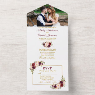 Watercolor Floral Photo RSVP Meal Choices Wedding All In One Invitation