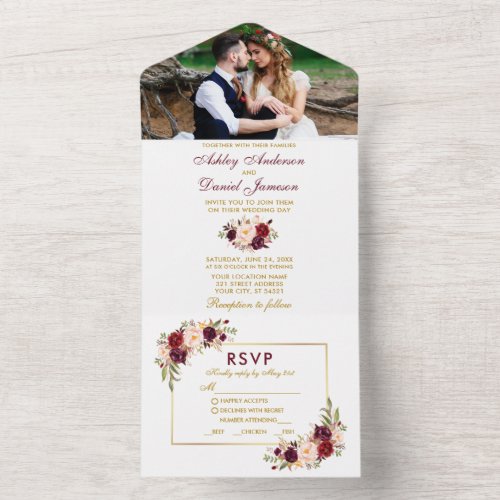 Watercolor Floral Photo RSVP Meal Choices Wedding All In One Invitation