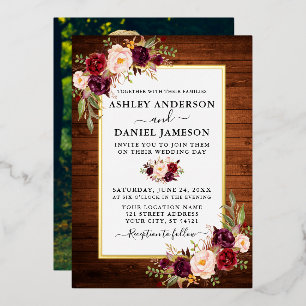 Watercolor Floral Photo Rustic Wood Gold Foil Invitation