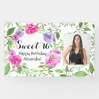 Watercolor Floral Photo Sweet 16 Birthday Party Banner