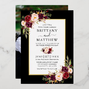 Watercolor Floral Photo Wedding Black Gold Foil Invitation