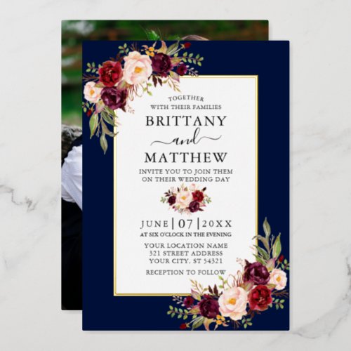 Watercolor Floral Photo Wedding Blue Gold Foil Invitation
