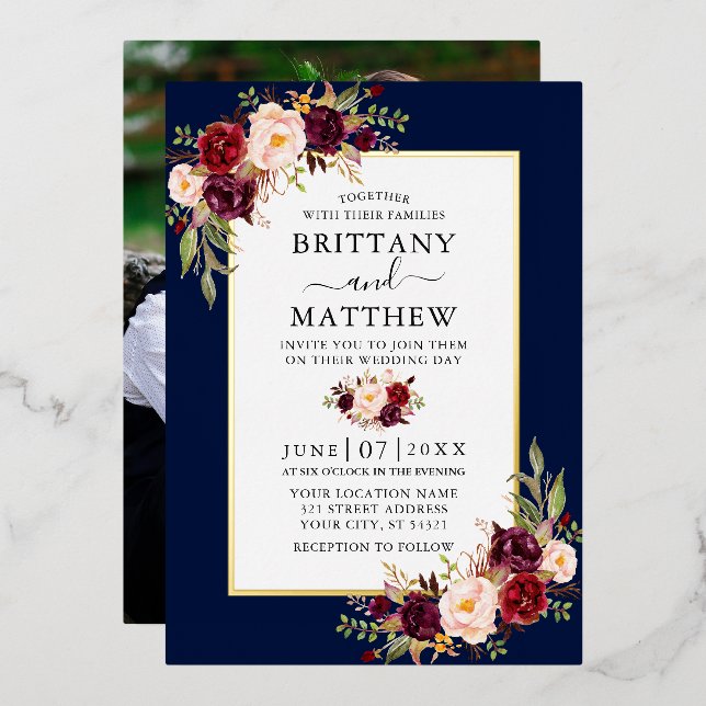Watercolor Floral Photo Wedding Blue Gold Foil Invitation (Front/Back)