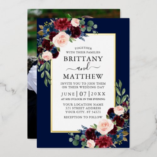 Watercolor Floral Photo Wedding Blue Gold Foil Invitation