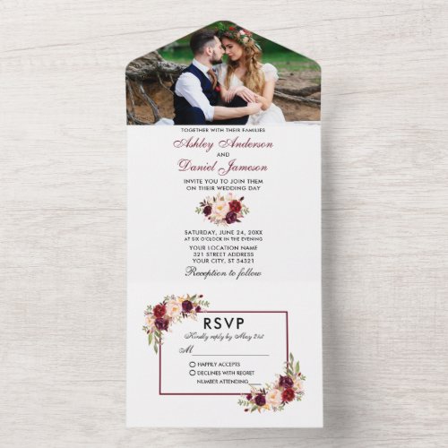 Watercolor Floral Photo Wedding Burgundy All In One Invitation